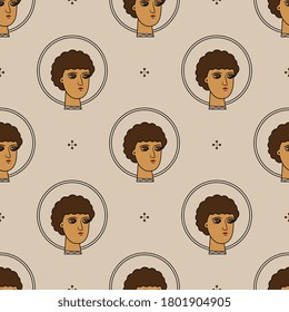 Seamless pattern with heads of Christian male saint with nimbus. Russian Byzantine Orthodox icon. Saint George.