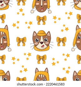 Seamless pattern with heads of Christmas merry cute cats in knitted yellow hats and scarves, with bows and stars