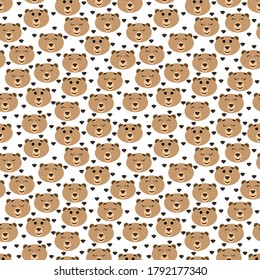 Seamless pattern with heads of cute bears on a white background. Wild forest animals. Stock vector illustration for fabrics, bedding and baby linen, wrapping paper, wallpaper and other decor