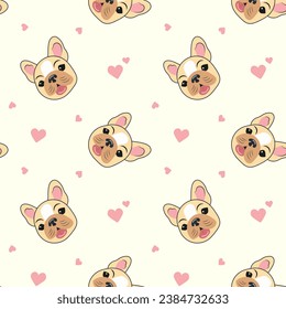 Seamless pattern of heads of cute beige French bulldog puppies