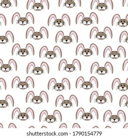 Seamless pattern with heads of cute hares on a white background. Pets. Stock vector illustration for fabrics, bedding and baby linen, wrapping paper, wallpaper and other decor and design