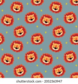 Seamless pattern with heads of cute lion cubs on a gray background. Cartoon funny lions avatar. Vector children s illustration for packaging and textiles