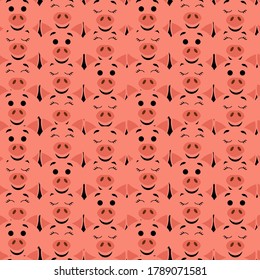 Seamless pattern with heads of cute pigs on a pink background. Pets. Stock vector illustration for fabrics, bedding and baby linen, wrapping paper, wallpaper and other decor and design