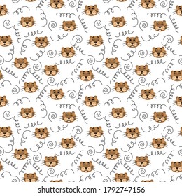 
Seamless pattern with the heads of cute rats nutria and black spirals on a white background. Wild forest animals. Stock vector illustration for fabrics, bedding and baby linen, wrapping paper