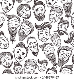 Seamless pattern with heads of cute smiling young and elderly men with various hairstyles. Backdrop with stylish people. Flat cartoon vector illustration for wallpaper, wrapping paper.