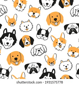 Seamless pattern with heads of different breeds dogs. Corgi, Pug, Chihuahua, Terrier, Husky, Pomeranian. Texture with dog faces. Hand drawn vector illustration in doodle style on white background