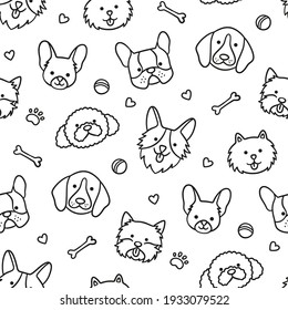 Seamless pattern with heads of different breeds dogs. Corgi, Beagle, Chihuahua, Terrier, Pomeranian. Texture with dog faces. Hand drawn vector illustration in doodle style on white background