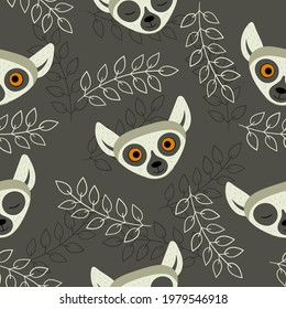 Seamless pattern with heads of lemurs on a dark background. Exotic cute animals of madagascar and africa. Vector illustration in flat style