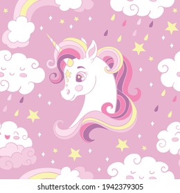 Seamless pattern with heads of unicorn and rainbow rain clouds on pink background. Vector illustration for party, print, baby shower, wallpaper, design, decor, linen, dishes,bed linen and kids apparel