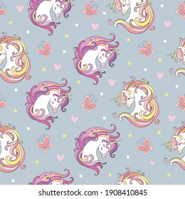 Seamless pattern with heads of unicorns and butterflies isolated on gray background. Vector illustration for party, print, baby shower, wallpaper, design, decor,design cushion, linen, dishes