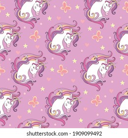 Seamless pattern with heads of unicorns and butterflies isolated on pink background. Vector illustration for party, print, baby shower, wallpaper, design, decor,design cushion, linen, dishes