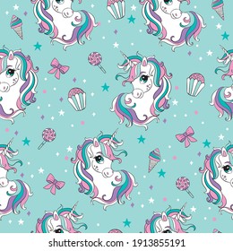 Seamless pattern with heads of unicorns and sweets isolated on turquoise background. Vector illustration for party, print, baby shower, wallpaper, design, decor,design cushion, linen, dishes.