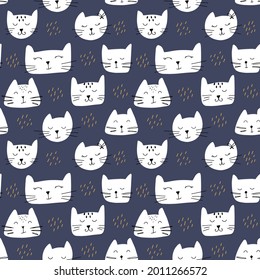 Seamless pattern. Heads of white cats. Cute vector illustration. Every element is isolated on dark blue background. Cover of planner, bullet journal, decor for children’s room, textile. Flat style.