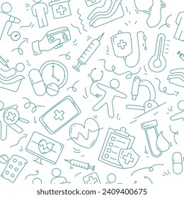 Seamless pattern with health checkup doodle elements. Health checkup pattern vector illustration.