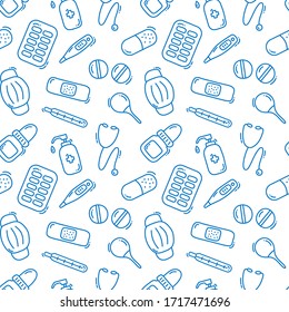 Seamless Pattern With Healthcare, Medicine And Pharmacy Icons And Symbols. Medical Background Doodle.