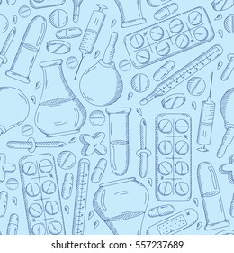 Seamless pattern with healthcare, medicine and pharmacy icons and symbols. Medical background doodle.  Good for a printing and web materials, medical clinic