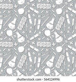Seamless pattern with healthcare, medicine and pharmacy icons and symbols. Medical background doodle.  Good for a printing and web materials, medical clinic