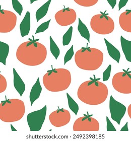 Seamless pattern of healthy bio hand drawn tomatoes with leaves on white backgrund