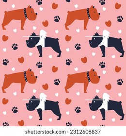 Seamless pattern with healthy and blind dog. Concept illustration about the adaptation of animals with physical disabilities. Love and compassion for pets. Boxer breed with black and red color.