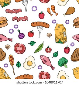 seamless pattern of healthy breakfast food with colored doodle style