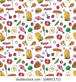 seamless pattern of healthy breakfast food with colored doodle style on white background