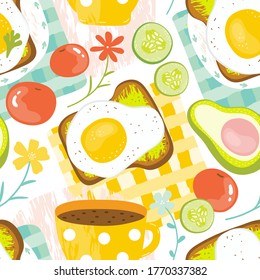 Seamless pattern healthy Breakfast in the morning - eggs, avocado, tomato, cucumber, sandwich, coffee. Good morning food in summer. Balanced diet. Hand drawn vector background delicious food