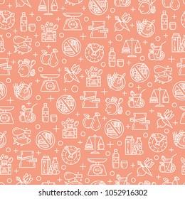 Seamless pattern with healthy diet outline, linear icons. Healthy and rational lifestyle concept background