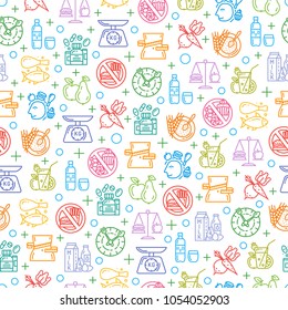 Seamless pattern with healthy diet outline, linear icons. Healthy and rational lifestyle concept background