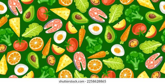 Seamless pattern with healthy eating and diet meal. Fruits, vegetables and proteins for proper nutrition.
