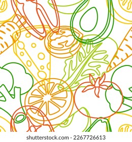 Patrón sin foco con comida saludable y dieta. Frutas, verduras y proteínas para una nutrición adecuada.