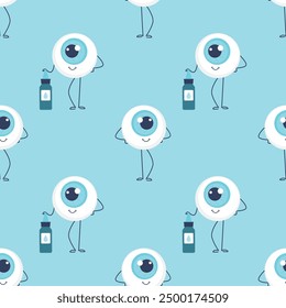 Seamless pattern with healthy eyeball mascot. Health care and treatment. Cute organ internal character. Healthy human part, texture wallpaper background. Eyesight care. flat vector illustration