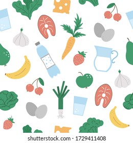 Seamless pattern with healthy food and drink icons. Vector repeat background with vegetable, milk products, fruit, berry, fish. Flat hand drawn organic nutrition texture