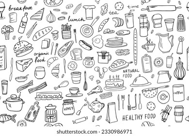 Seamless pattern of healthy food and fast food ingredients in doodle style with lettering in vector. Great for menu design, banners, sites, packaging. Vector illustration EPS10