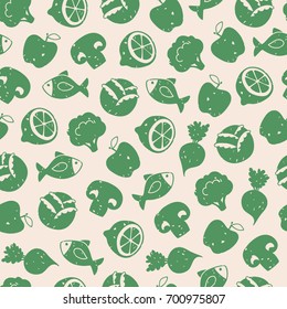 Seamless pattern with healthy food icons, vector background with vegetables, fruits, fishes and mushrooms