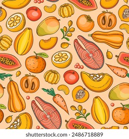 Seamless pattern with healthy food for orange day of color diet. Healthy eating and lifestyle concept. Vector background