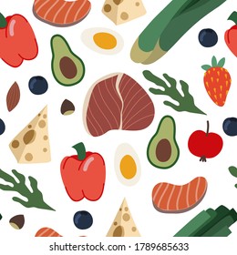 Seamless pattern with healthy food such as meal, vegetables and fruits. Vector cartoon flat illustration