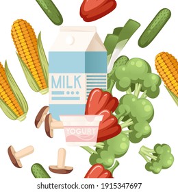 Nahtlose Muster von gesundem Gemüse und Milchprodukten organische veganische Lebensmittel, flache Vektorgrafik auf weißem Hintergrund