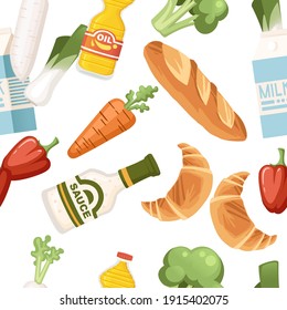 Seamless pattern of healthy food vegetables and dairy products organic vegan food flying abstract vector illustration on white background