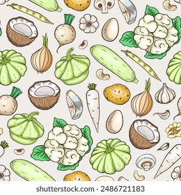 Patrón sin fisuras con alimentos saludables para el día blanco de la dieta de color. Concepto de alimentación saludable y estilo de vida. fondo de Vector