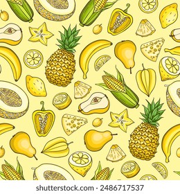 Seamless pattern with healthy food for yellow day of color diet. Healthy eating and lifestyle concept. Vector background