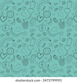 seamless pattern with healthy fruits black line art
