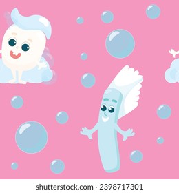 Seamless pattern of healthy happy baby teeth with toothpaste on head and in soap bubbles and a toothbrush. A pattern for textiles and for the International Dentist's Day.