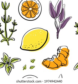 Seamless pattern with healthy ingredients for immune system in sketchy style isolated on white background. Doodle hand drawn vector illustration