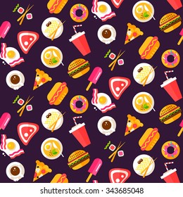 Seamless pattern with healthy and junk food, pizza, burger, hot dog, steak, soup, pasta, donut, drink and coffee. Fully editable vector. 