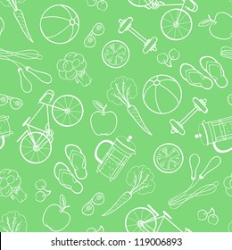 Seamless pattern of healthy lifestyle icons and elements