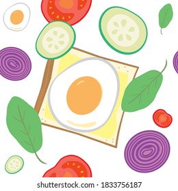 Seamless pattern in healthy organic breakfast concept, fried egg, bread, butter, tomato, cucumber, shallot or onion and fresh green vegetable. Vector Pattern on white background, flat color.