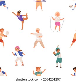 Seamless pattern with healthy sports activities for children. Endless repeating background with active boys and girls. Texture with different happy kids athletes. Colored flat vector illustration