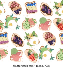 Seamless pattern of healthy toast with bread cheese, vegetables, egg, avocado, seafood, berries and nuts snack for idea for breakfast. Editable vector illustration.