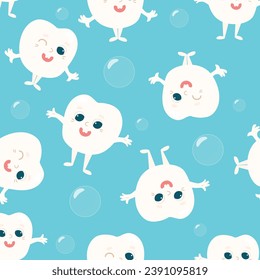 Seamless pattern healthy tooth together with transparent soap bubbles. Illustration in cartoon style.