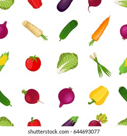 Seamless pattern of healthy vegetables, farm product. Made in cartoon flat style. Tomato, bell pepper, leek, carrot, horse radish, chinese cabbage, onion, beetroot, corn, eggplant, cucumber.